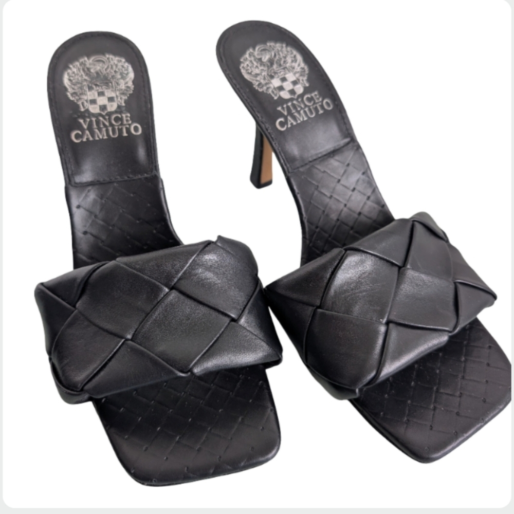 Vince Camuto Brelaine Black Leather Woven Slide Sandals Heels Size 6.5 Excellent - Picture 2 of 9